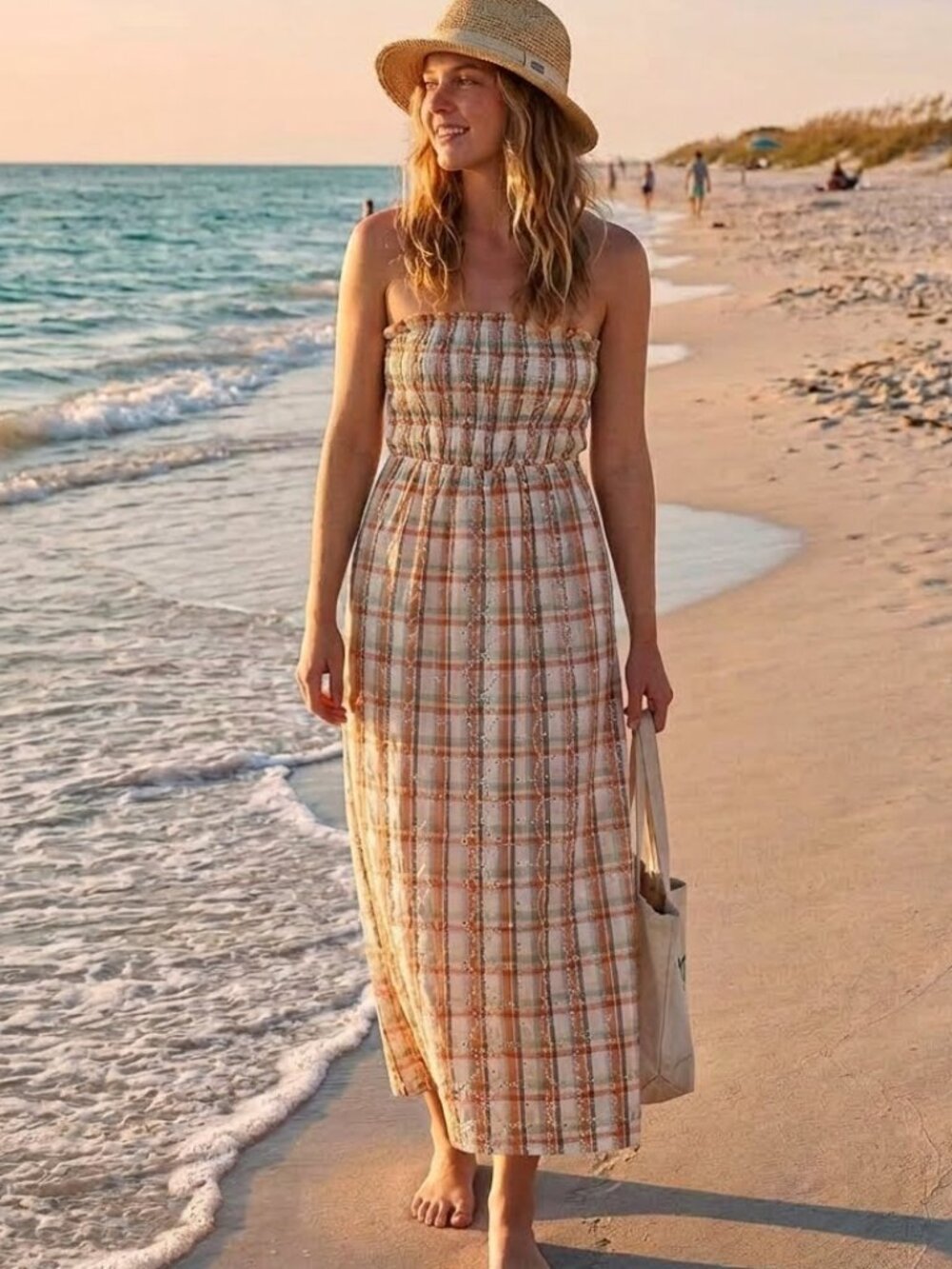 BAILEY ROSE Smocked Floral Eyelet Strapless Orange Plaid Maxi Dress XS